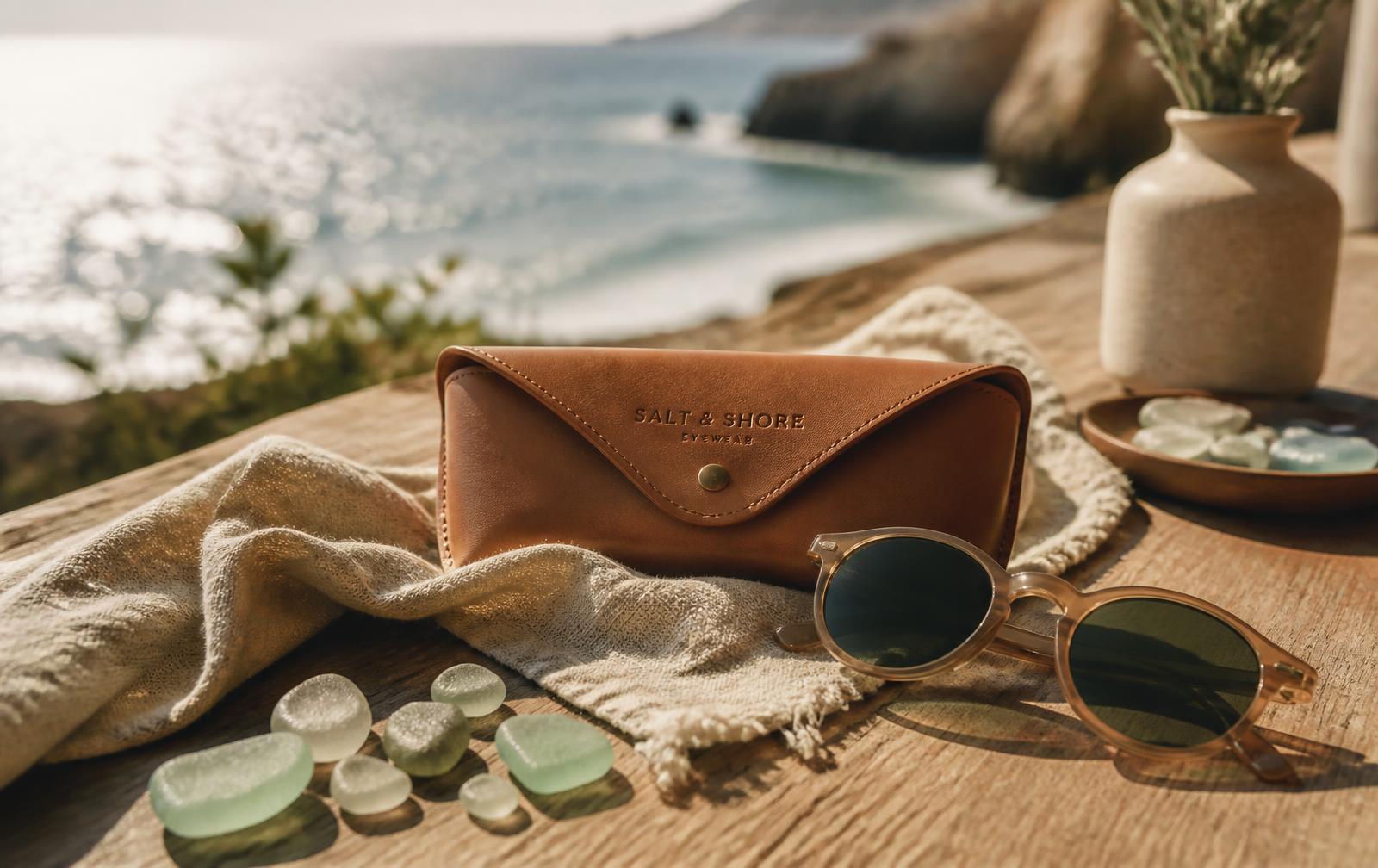 NovaChip Technologies eyewear case, linen and sea glass on a sunlit table above the ocean