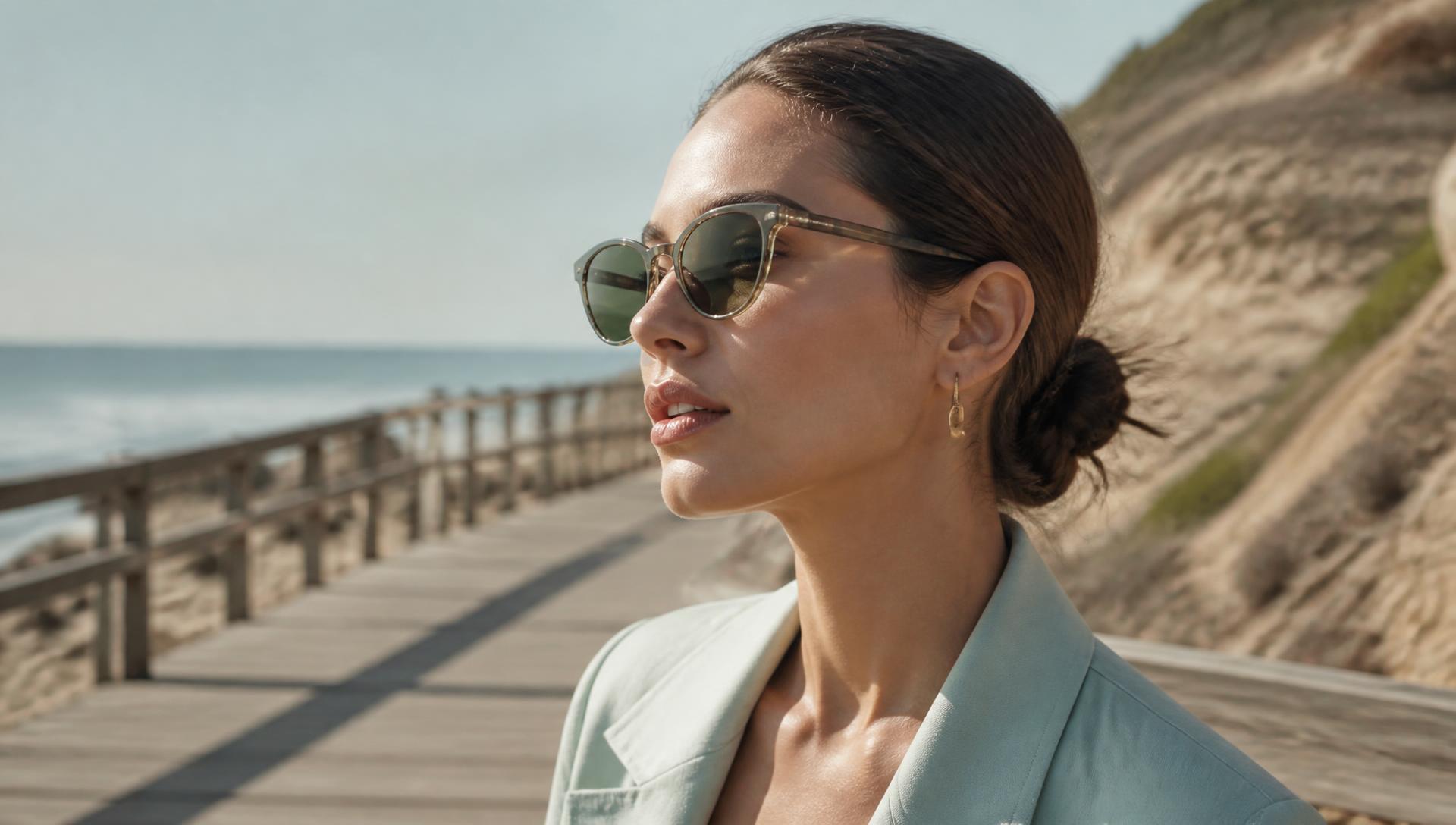 Woman on a coastal boardwalk wearing NovaChip Technologies tinted sunglasses